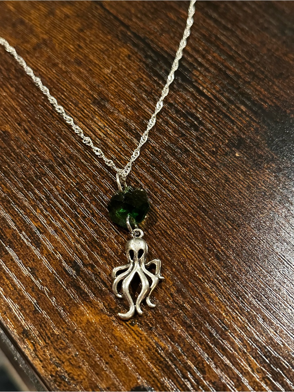 Silver Octopus Pendant Necklace with Green Crystal Heart